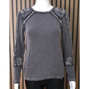 Sundance Women's Long Sleeve Top‎ Grey Waffle Knit XS Embroidered Boho Casual